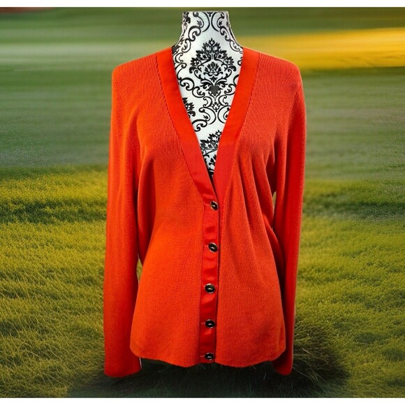 Talbots V Neck Cardigan Sweater Woman Sz Large Orange Cotton Blend Office Siren - Picture 1 of 12